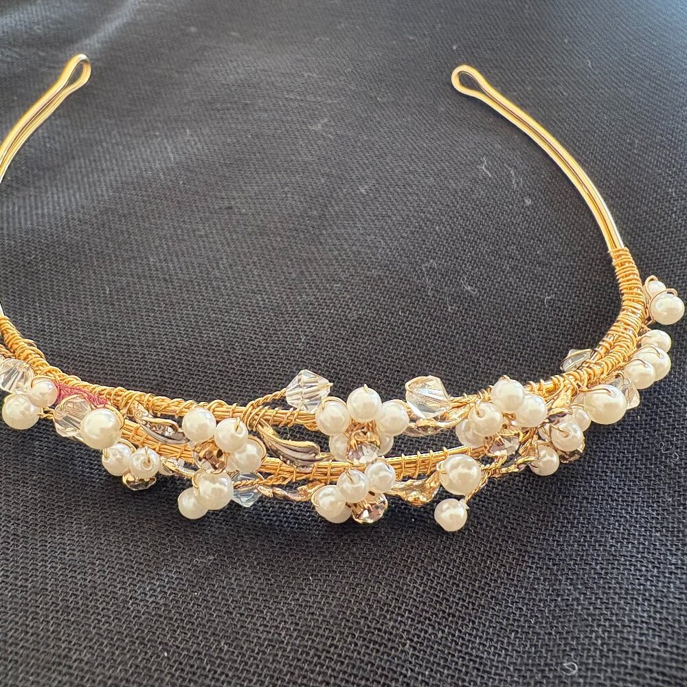 HEADBAND_Bridal Hair Accessory Handmade Gold Wire and Crystals Pearls & Embellis